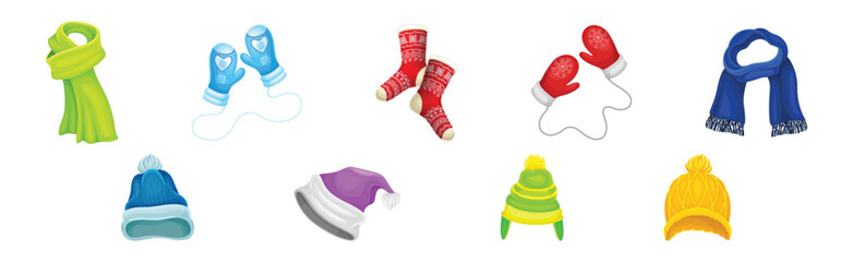 Winter Warm Clothes Accessory with Scarf, Hat and Socks Vector Set