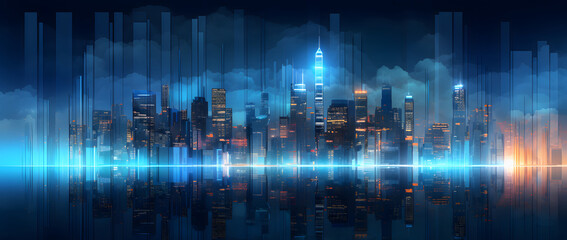 Illustration of a modern futuristic smart city concept with abstract bright lights against a blue background. Showcases cityscape urban architecture, emphasizing a futuristic technology city concept.