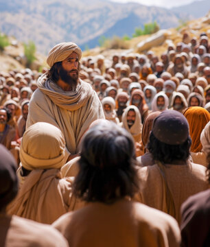 Jesus speaking to the people by parables on the mountain in the midst of nature Generative AI Illustration