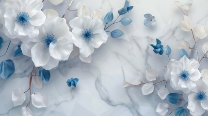Luxurious 3D background featuring elegant white and blue accents flowers against a silk backdrop, perfect for printing on walls and ceilings.