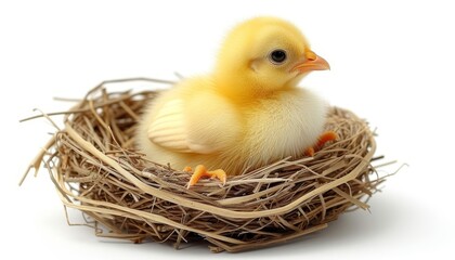Easter eggs in nest with cute yellow chick on white background   top view mockup