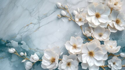 Luxurious 3D background featuring elegant white and blue accents flowers against a silk backdrop, perfect for printing on walls and ceilings.
