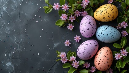 Colorful easter eggs and flowers with copy space for text, festive easter background