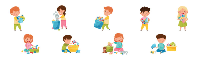 Funny Kids Playing with Different Toys in Playroom Vector Set
