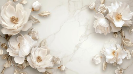 Obraz na płótnie Canvas Luxurious white flowers set against a silk marble backdrop in a stunning 3D design, perfect for printing on walls and ceilings.