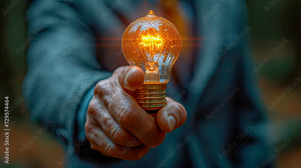 Poster conceptual image with lightbulb with moving gears as a symbol of an idea on dark background