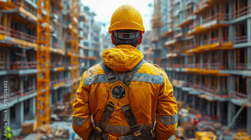 Poster back view of a construction worker in a hard hat and reflective jacket standing on the background of