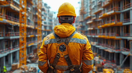Back view of a construction worker in a hard hat and reflective jacket standing on the background of a building under construction