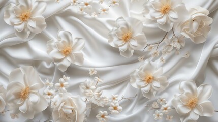 Fototapeta na wymiar Luxurious 3D background featuring elegant white flowers against a silk backdrop, perfect for printing on walls and ceilings.