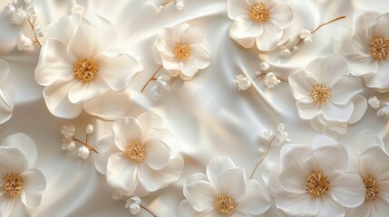 Fototapeta na wymiar Luxurious 3D background featuring elegant white flowers against a silk backdrop, perfect for printing on walls and ceilings.
