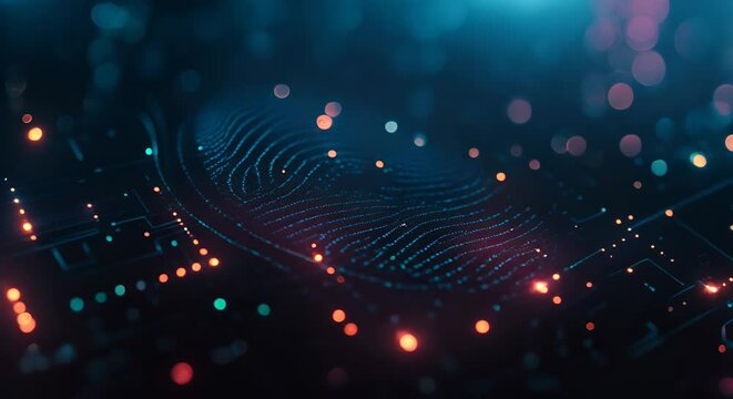 Digital fingerprint identification system. Biometrics security key sensor, futuristic technology concept.