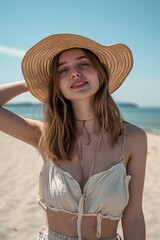 Serenity meets happiness as she immerses herself in the beauty of the seaside. Young caucasian woman in straw hat.