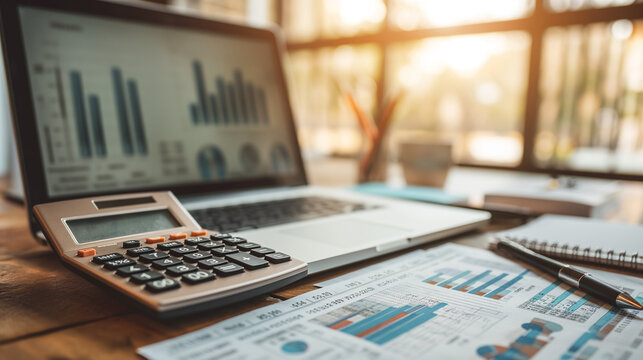 An office desk of an accountant or financial advisor with calculator, laptop and financial documents and charts