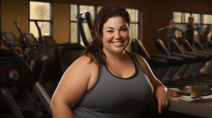 Fototapeta premium A confident woman shows off her toned muscles and bright smile while posing in a gym, surrounded by exercise equipment and indoor walls