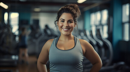 A fit and confident woman radiates joy as she showcases her toned physique in a sleeveless shirt at the gym, holding a dumbbell with a smile on her face