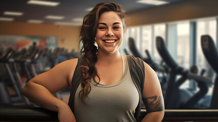 A determined lady shows off her fit physique while posing in front of a gym wall, radiating confidence and strength with her beaming smile and toned muscles