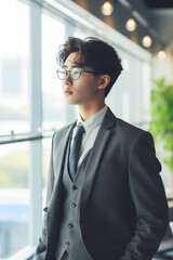 design for business man ad, office worker. a recruitment or magazine ad for HR or manager, business man near window. businessman looking at camera. ceo, accountant, manager or lawyer. male