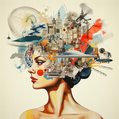 Art collage with the concept of thought process, ingenuity and new creative ideas. 