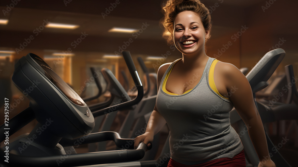 Sticker A fit woman confidently showcases her gym attire and exercise machine as she smiles at the camera, radiating determination and physical strength