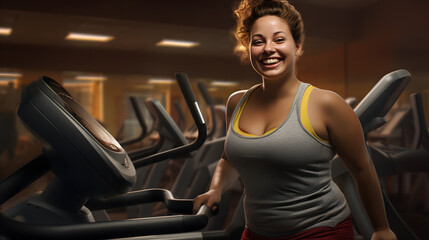 Fototapeta premium A fit woman confidently showcases her gym attire and exercise machine as she smiles at the camera, radiating determination and physical strength