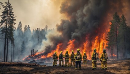 firefighters look at a forest fire