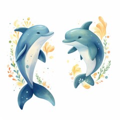 Watercolor Illustration of two dolphins jumping on the waves on a white background.