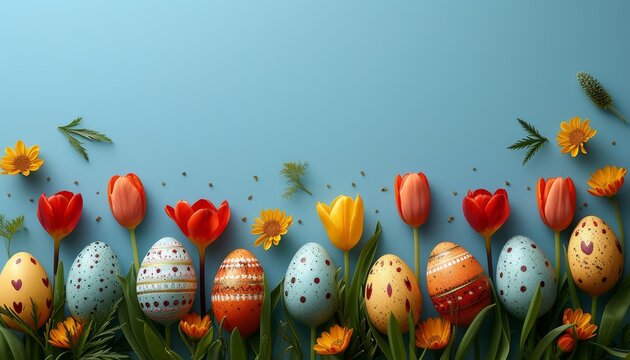 Vibrant easter eggs and beautiful flowers on festive background with copy space for text