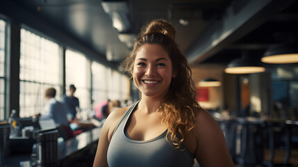 A joyful lady beams with confidence as she poses indoors, her radiant smile illuminating the room beneath the elegant ceiling