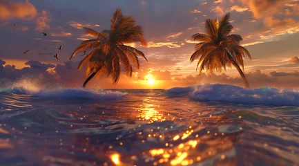Tuinposter palm trees and sunset set back from the shore in © AQsd