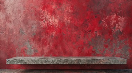 Empty Red old textured background and stand display or shelf with studio for showing or design christmas concept. Blank backdrop made from cement material.