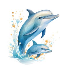 Watercolor illustration of a family of dolphins on a white background.