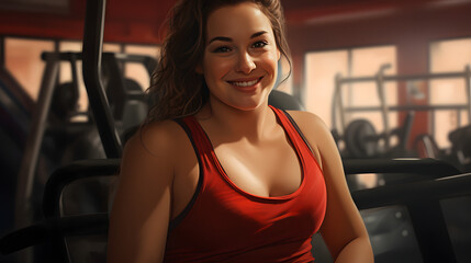Fototapeta premium A vibrant woman radiates joy as she poses for the camera in her red, sleeveless tank top, her confident smile and active energy shining through