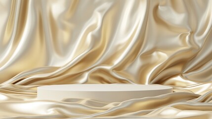 Fabric gold silk podium, abstract fashion product display cloth texture background 3d rendering. Luxury object placement packaging mockup for presentation cosmetic or beauty products.