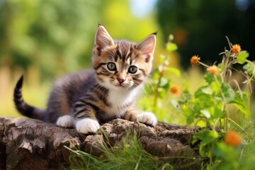 Naklejka na ściany i meble adorable meow tabby kitten outdoors 
