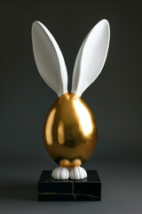 Obraz premium Luxury golden egg statue with white ears isolated against balck background. Humorous Easter celebration trophy. Simple and delightful design