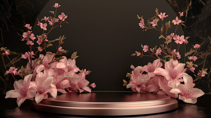 Natural beauty podium backdrop for product display with pink flowers ornaments, Spring floral summer background podium cosmetic valentine Easter field scene gift purple pink romantic display stage.