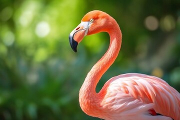 American flamingo (Phoenicopterus ruber) or Caribbean flamingo. Big bird is relaxing enjoying the summertime. Nature green background
