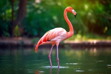 American flamingo (Phoenicopterus ruber) or Caribbean flamingo. Big bird is relaxing enjoying the summertime. Nature green background
