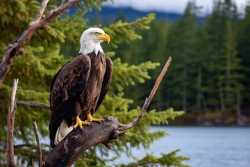 Foto op Plexiglas Bald eagle perched high in a tree over a lake in a national park © Ирина Курмаева