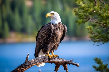 Bald eagle perched high in a tree over a lake in a national park