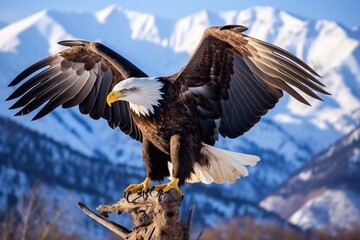 Obraz premium bald eagle with wings spread and perched on branch against background .snowy mountain peak blurry background 