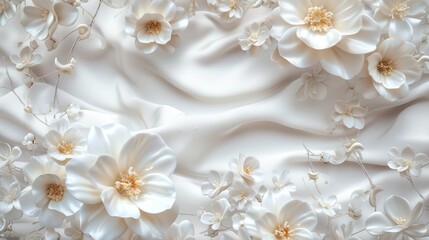 Fototapeta na wymiar 3d background with luxury beautiful white flowers, silk background for wall print, and ceiling wallpaper