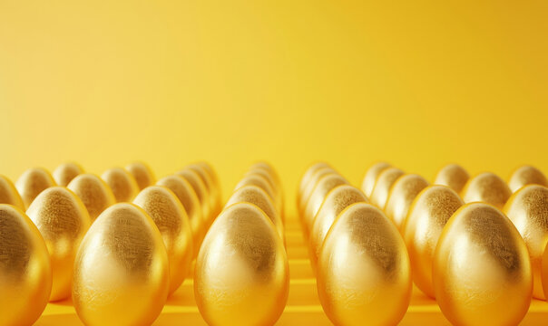 Golden Easter eggs standing in multiple rowa isolated on yellow background. Simple and delightful decoration for spring holiday