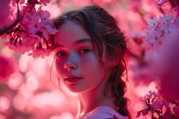 Charming young girl in a pink environment, captured by an HD camera, radiating happiness and creating a visually captivating scene that celebrates the beauty of youth.