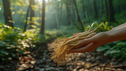 With an atmospheric forest backdrop, a hand holds a fresh ginseng root, Generative AI. - obrazy, fototapety, plakaty