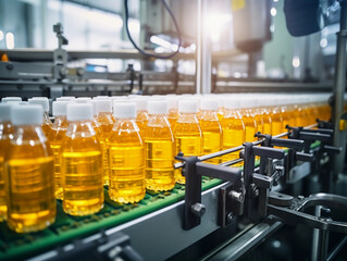 Automatic line for packing juices into glass or plastic containers. Beverage production. Bottling plant. Bottles on a factory conveyor belt 