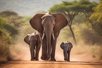 elephants, family walking along the road in a wildlife sanctuary


