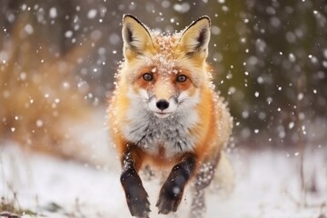 Obraz premium Fox in snowfall. Red fox, Vulpes vulpes, jumping in snow and playing with snowflakes