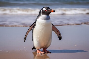 Naklejka premium Gentoo the penguin walks along the beach