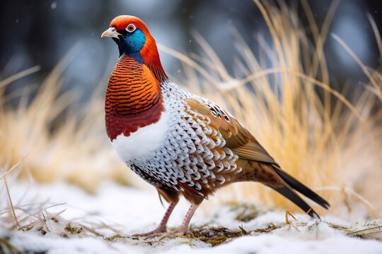 Common pheasant standing on fozen grass in winter

